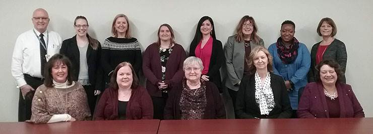 Back row L-R: Brian Buzard, 17th Circuit; Jill Roberts, AOIC; Halle Cox, 16th Circuit; Helen Doig, 15th Circuit; Jennifer Power, 8th Circuit, Le Ann Brandenburg, 15th Circuit; Jamyce Clegget, JusticeCorps Fellow Kankakee; Jeanne Filipitch, 12th Circuit. Front row L-R: Rena' Parker, 10th Circuit; Beth Bogie, 19th Circuit; Adrianne Haley, 21st Circuit; Brenda Sprague, 1st Circuit; Alfreda Baran, 12th Circuit.